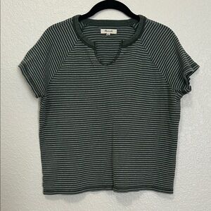 Madewell Green and White Striped Short Sleeve Textured Tee